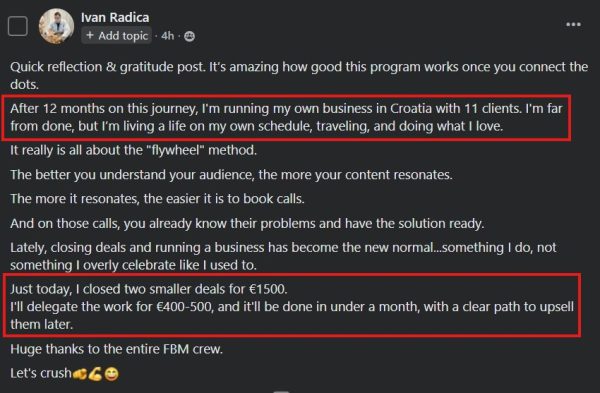 Grew to 11 clients and closed €1,500 deals.