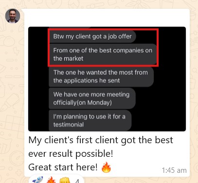 Client’s client got a dream job offer after coaching.