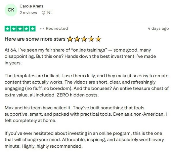 Senior user celebrating Max&#039;s training, templates and bonuses