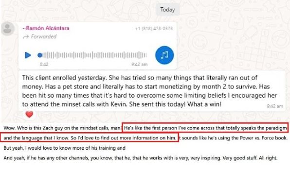 Client found Zach on the mindset calls inspiring and resonating, wanting to learn more about his training.