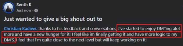 Feeling renewed motivation and clarity in DM work after coaching.