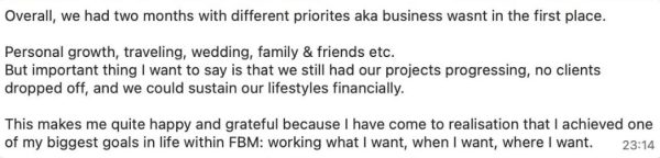 Grateful reflection on maintaining financial stability and client retention despite prioritizing personal life.